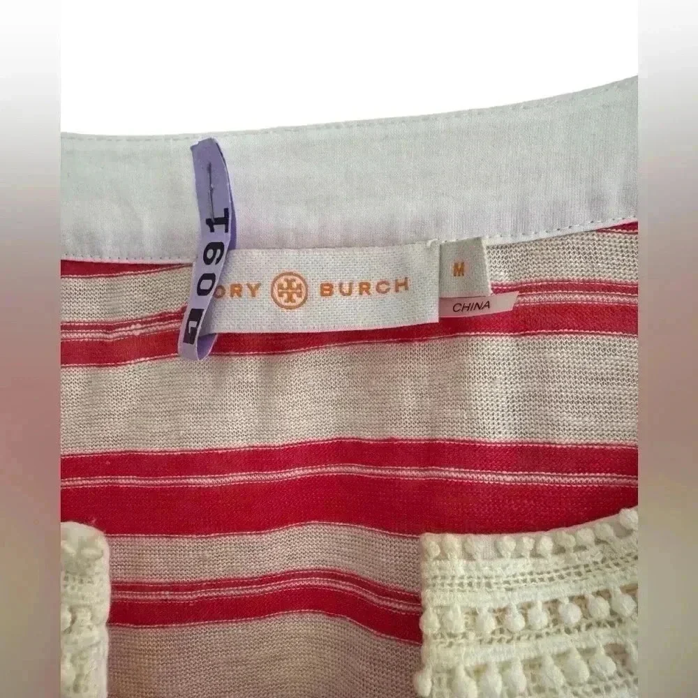 Tory Burch Stripe Linen Luxury Top, Cream Orange Stripe, M GUC